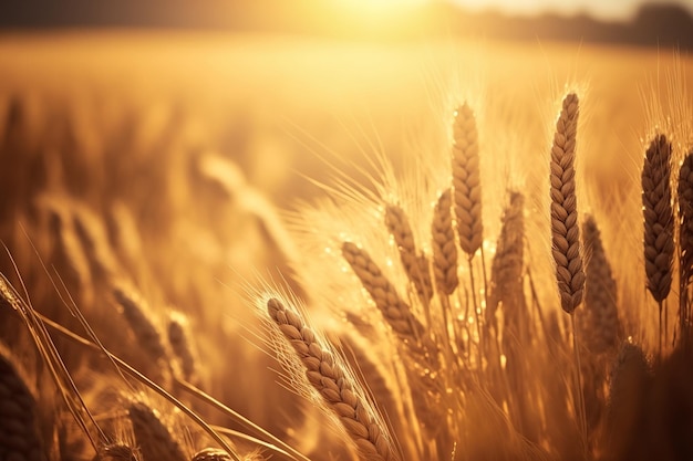 Campo de trigo en primer plano durante la temporada de cosecha con luz solar