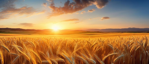 un campo de trigo con la puesta de sol al fondo