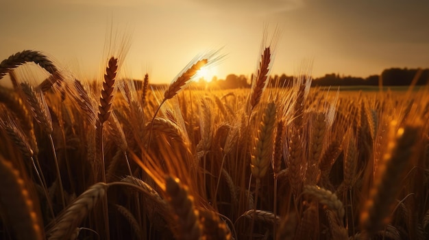 Un campo de trigo con la puesta de sol detrás de él