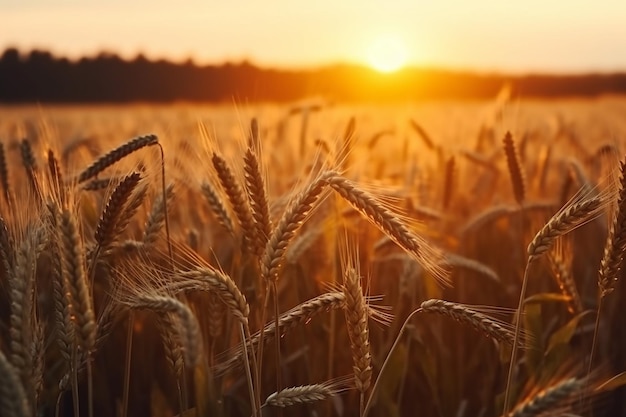 Un campo de trigo con la puesta de sol detrás de él