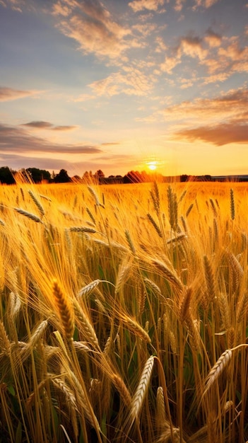 Campo de trigo con la puesta de sol detrás de él