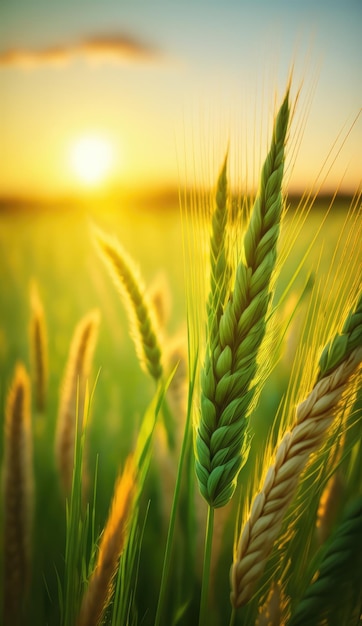 Un campo de trigo con la puesta de sol detrás de él