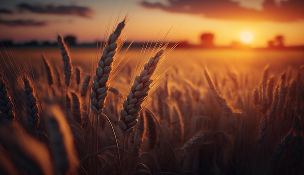 Un campo de trigo con la puesta de sol detrás de él