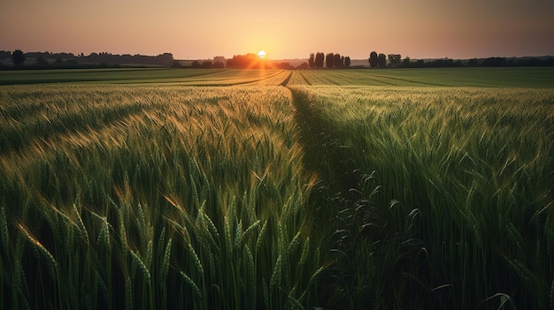 Un campo de trigo con la puesta de sol detrás de él