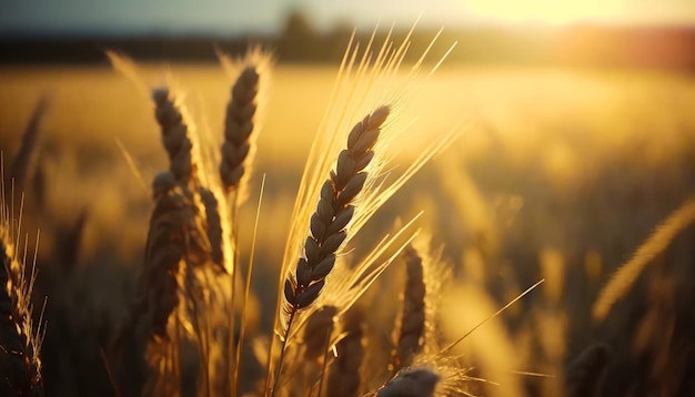 Campo de trigo con la puesta de sol de fondo IA generativa