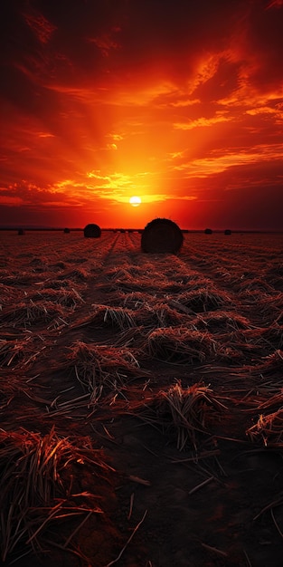 Foto un campo de trigo con una puesta de sol en el fondo