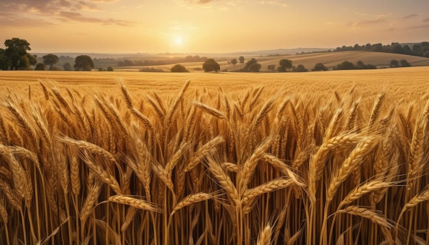 campo de trigo con una puesta de sol en el fondo