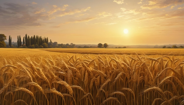 un campo de trigo con una puesta de sol en el fondo
