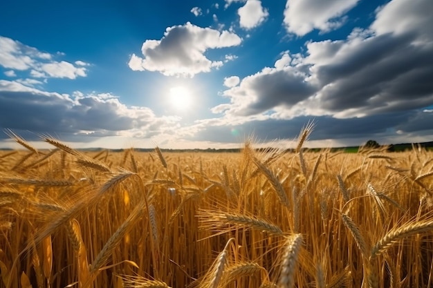 Un campo de trigo con el sol brillando sobre las nubes