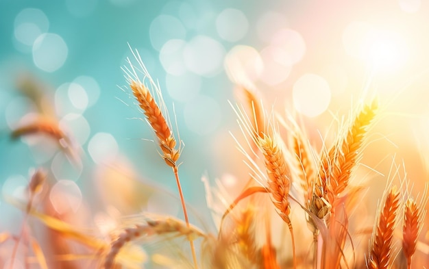 un campo de trigo con el sol brillando a través de él