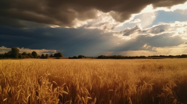 Un campo de trigo con el sol brillando a través de las nubes.