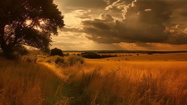 Un campo de trigo con el sol brillando a través de las nubes.