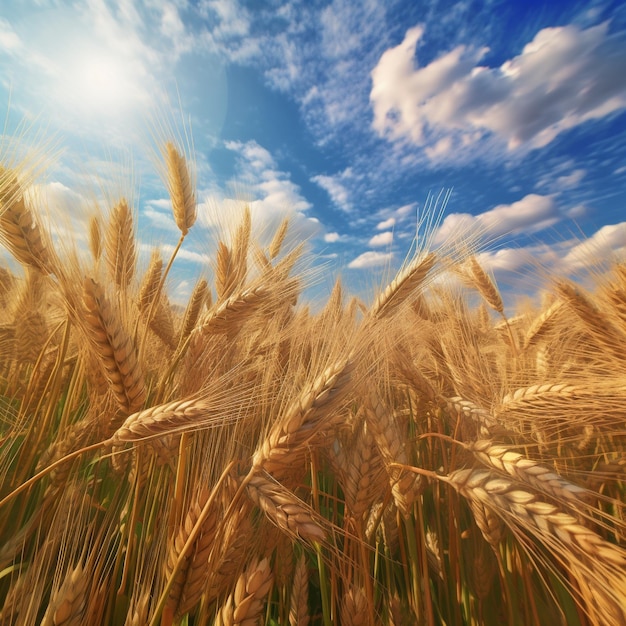 un campo de trigo con el sol brillando a través de las nubes