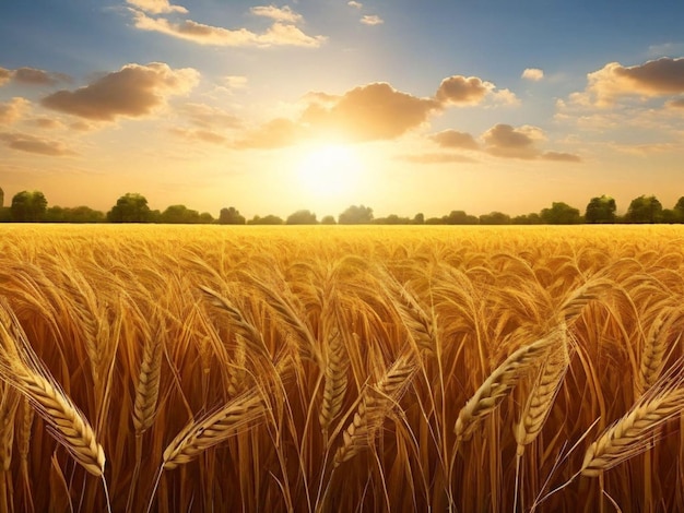 un campo de trigo con el sol detrás de él