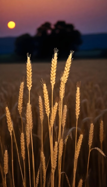 un campo de trigo con el sol detrás de él