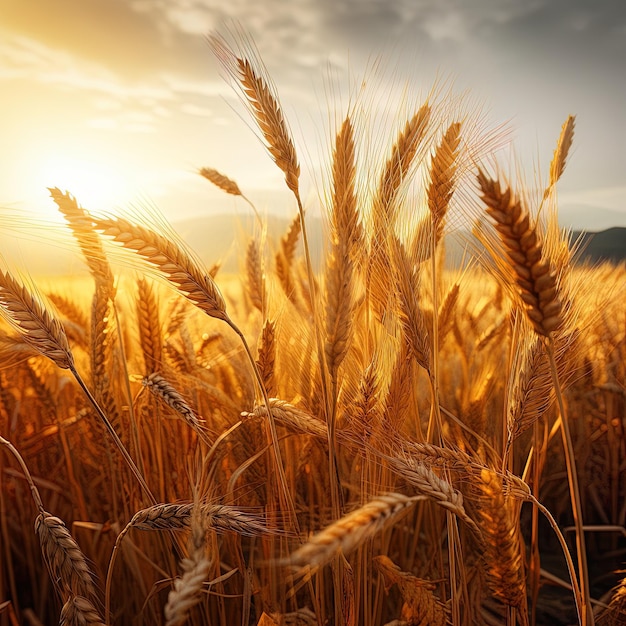 un campo de trigo con el sol poniéndose detrás de él