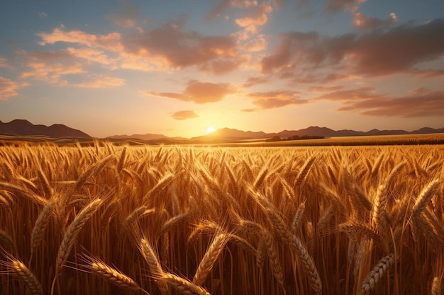 un campo de trigo con el sol poniéndose detrás de él.