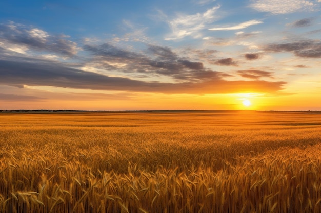 un campo de trigo con el sol poniéndose detrás de él