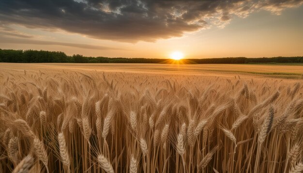 Un campo de trigo con el sol poniéndose en el fondo