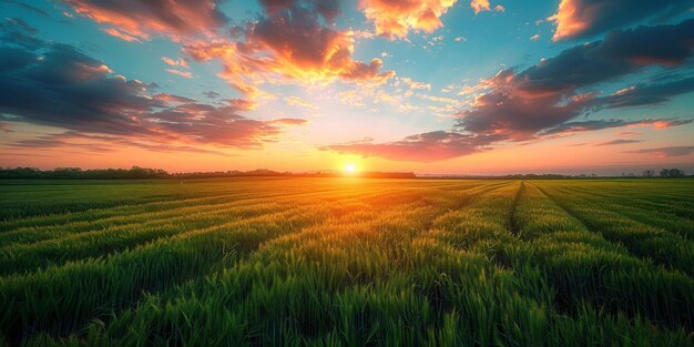 Campo de trigo bajo un sol poniente