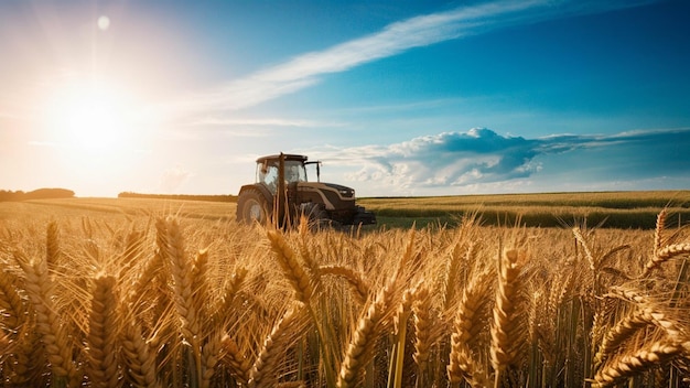 Foto un campo de trigo con un tractor en el fondo