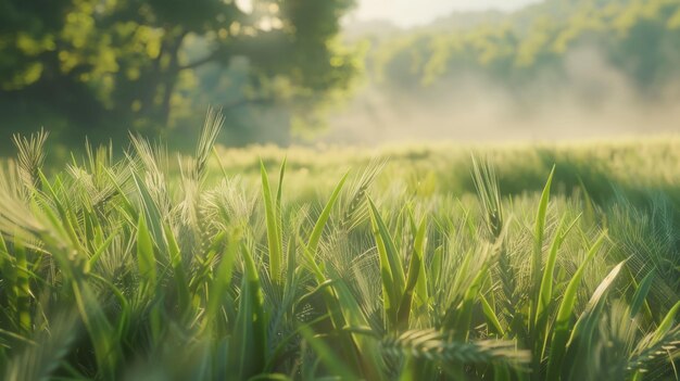 Un campo de trigo verde y exuberante bajo un cielo soleado perfecto para la agricultura y los temas agrícolas