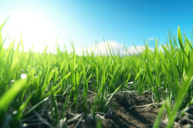 El campo de trigo verde inmaduro bajo el cielo del atardecer de verano con nubes Centrarse en primer plano Profundidad de campo