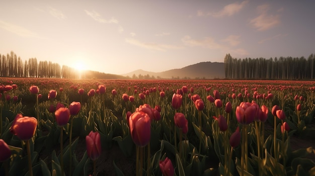 Campo de tulipanes al atardecer IA generativa Paisaje primaveral