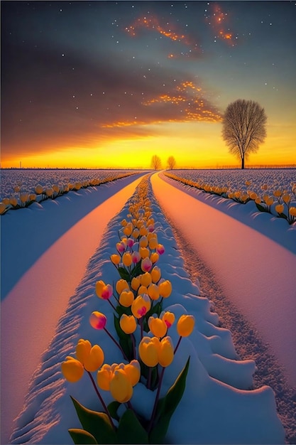 Campo de tulipanes amarillos en la nieve generativa ai