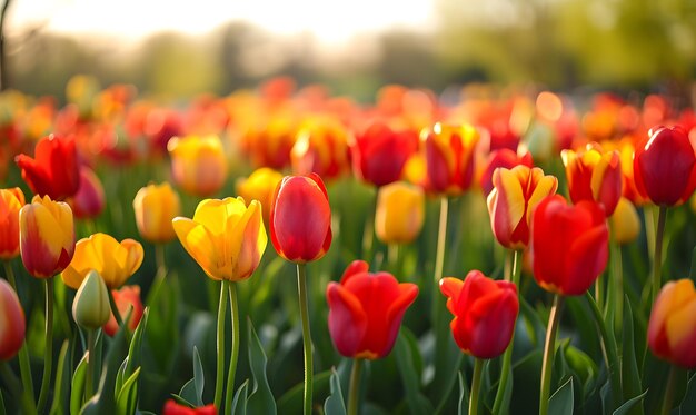 un campo de tulipanes amarillos y rojos con la palabra tulipanes en ellos