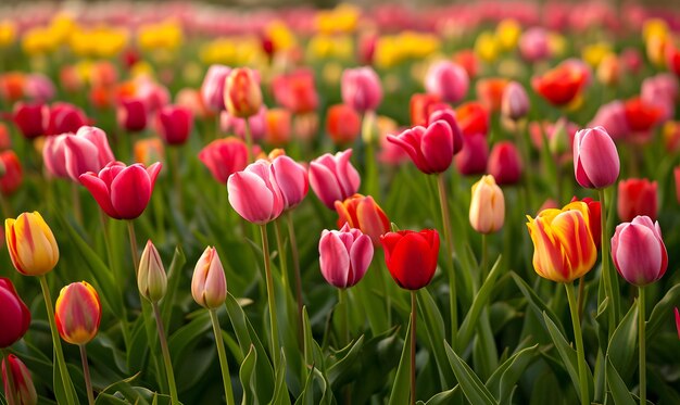 un campo de tulipanes amarillos y rojos con la palabra tulipanes en ellos