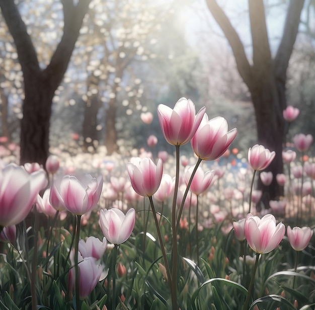 Un campo de tulipanes con un árbol al fondo