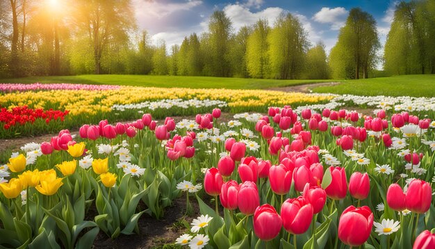 un campo de tulipanes con árboles en el fondo