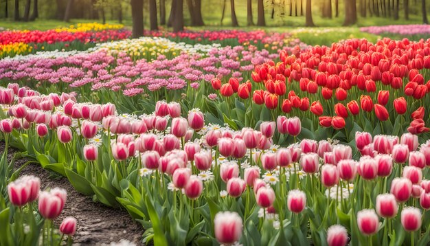 un campo de tulipanes con árboles en el fondo