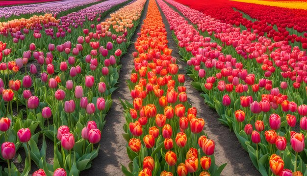 un campo de tulipanes con un arco iris en el fondo
