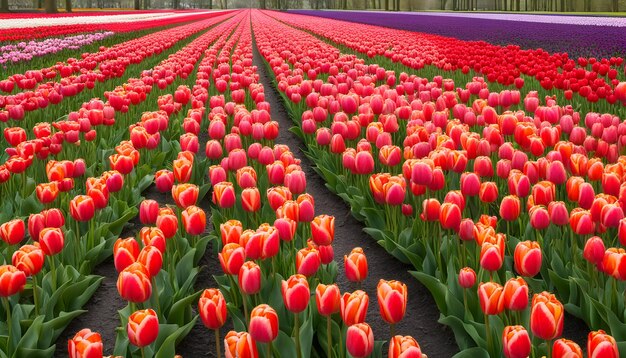 un campo de tulipanes con una bandera púrpura en el fondo