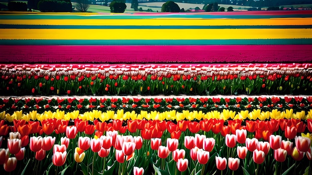 Un campo de tulipanes con un campo de flores al fondo