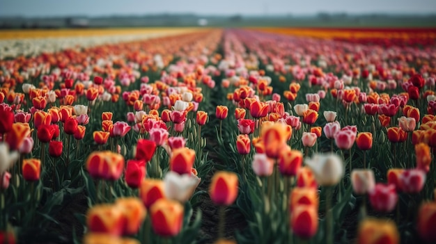 Un campo de tulipanes con un cielo nublado al fondo