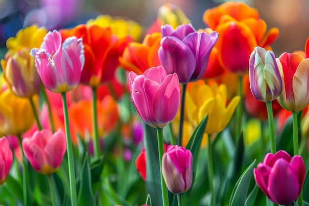 Un campo de tulipanes coloridos con flores rosadas amarillas y naranjas