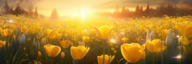 Campo de tulipanes en el fondo del atardecer