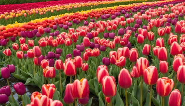 un campo de tulipanes con un fondo colorido