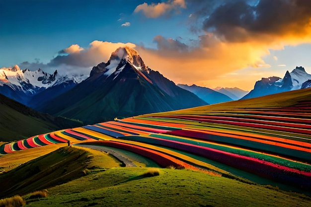 Un campo de tulipanes frente a una montaña.