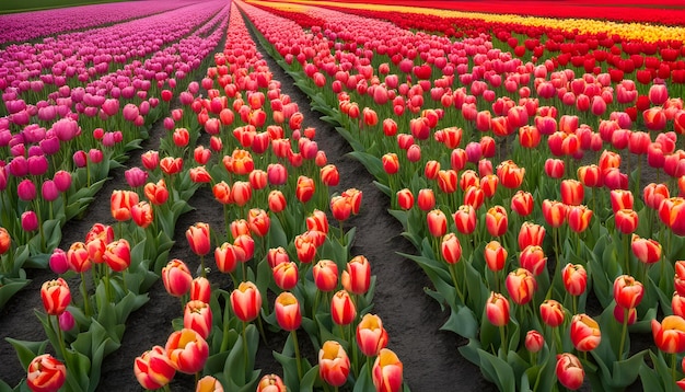 un campo de tulipanes con una frontera roja y amarilla