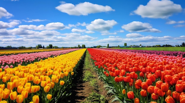 Foto un campo de tulipanes maduros y coloridos en un paisaje agrícola una vista pintoresca del campo generativo