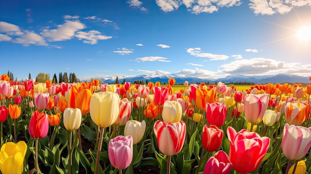 Un campo de tulipanes con montañas al fondo