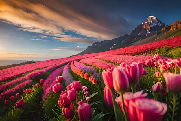 Un campo de tulipanes con montañas al fondo.