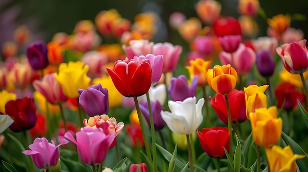 Un campo de tulipanes en plena floración Los tulipanes son de varios colores incluyendo rojo amarillo rosa y púrpura