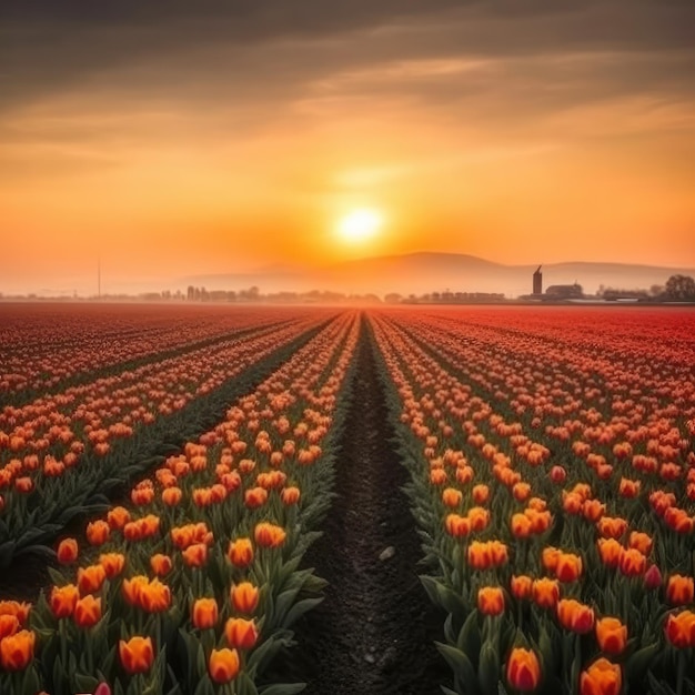 Un campo de tulipanes con la puesta de sol detrás de él.