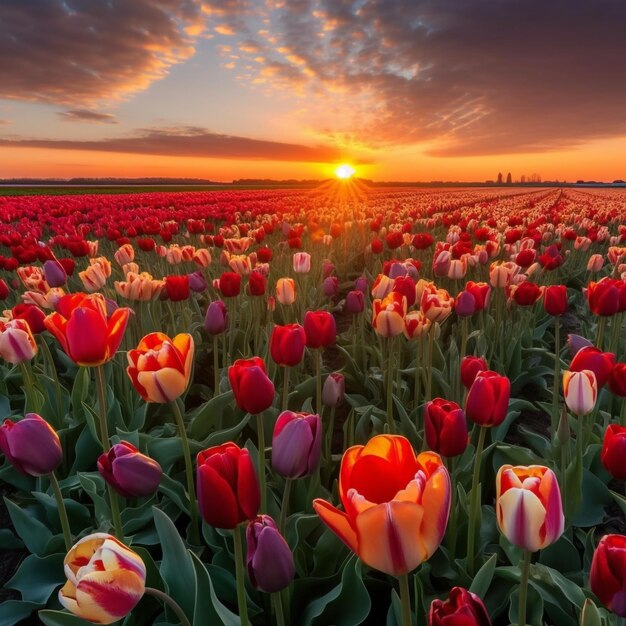 Un campo de tulipanes con la puesta de sol detrás de él