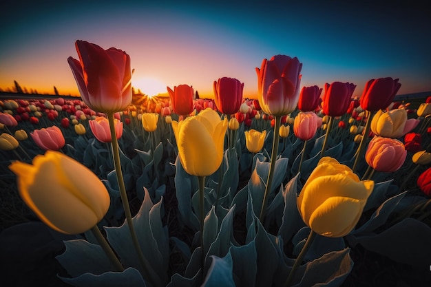 Un campo de tulipanes con la puesta de sol detrás de ellos